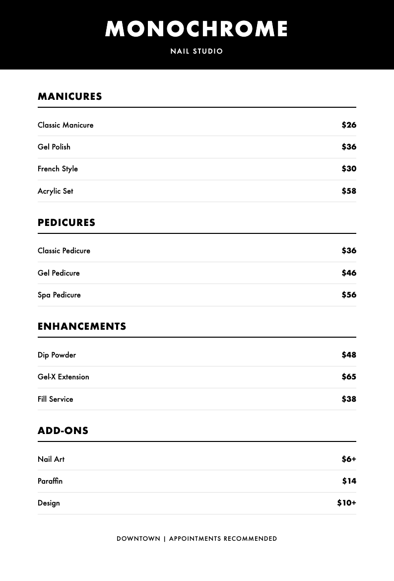 Contemporary black white nail price list